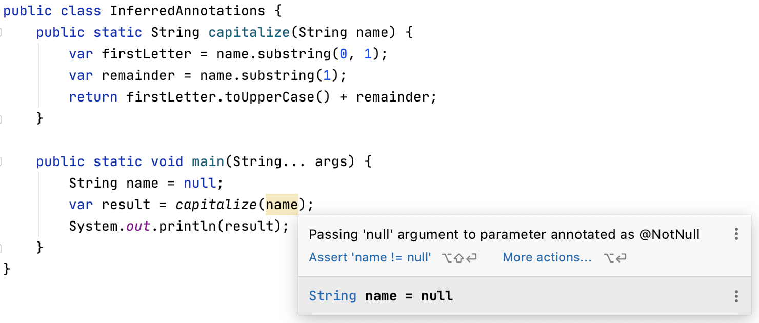 Example of how IntelliJ displays an potential NullPointerException