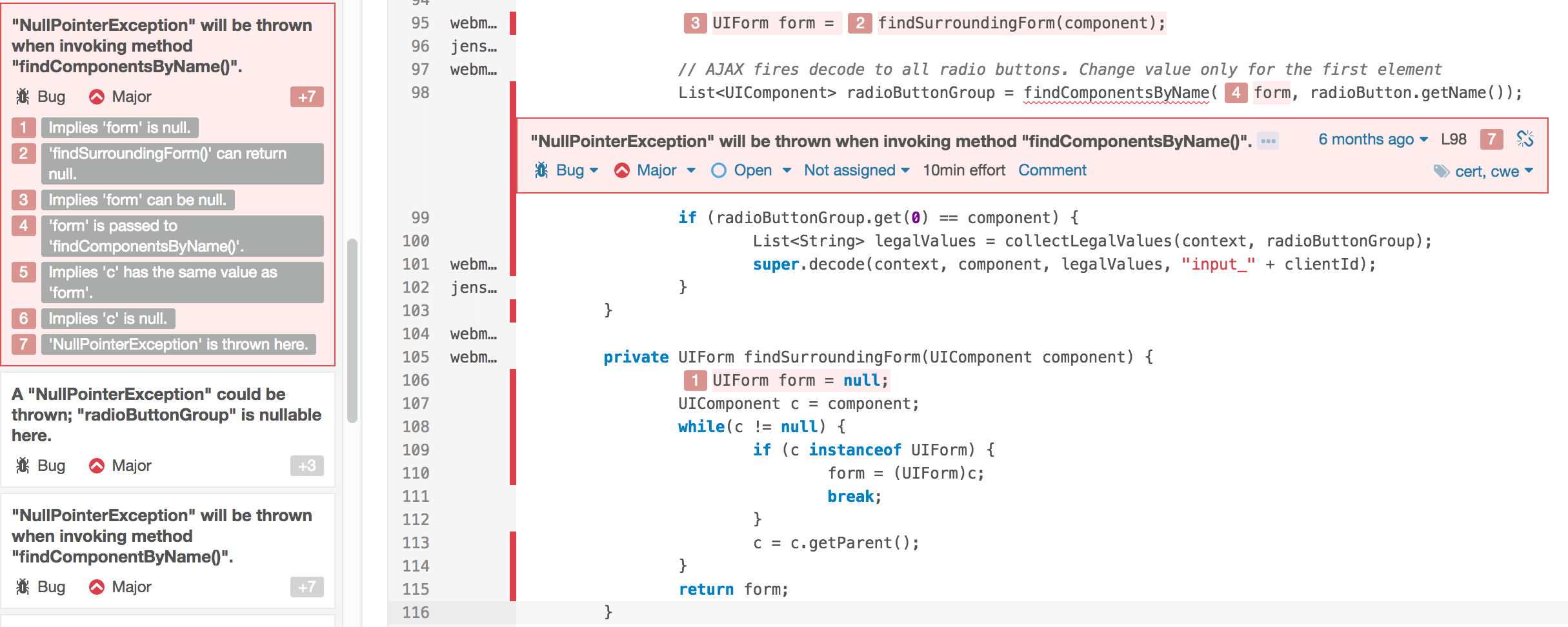SonarQube explaining the cause of a NullPointerException.